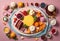 a table with a plate of food including a cake with berries and cream