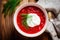 The table presents a bowl of customary Ukrainian borscht, emphasizing Ukraine\\\'s rich gastronomy. Generative AI