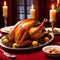 table with roast turkey, traditional christmas meal