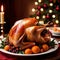 table with roast turkey, traditional christmas meal