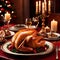 table with roast turkey, traditional christmas meal