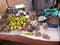 Table with selling fruits, roots, nuts, spices. Africa, Kenya,