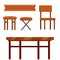 Table and set of chairs. Kitchen furniture and tablecloths