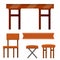 Table and set of chairs. Kitchen furniture and tablecloths.