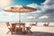 The table set, chairs and umbrella with beach and sky background. Concept for rest, relaxation. Generative AI.