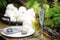 Table set for an event party or wedding reception in rustic or scandinavian style decorated moss and fern. Fashionable table set