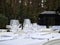 Table set with glasses and white tablecloth for outdoor dining