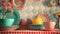 Table set with retro dishes topped with plates and cups filled with flowers against a vintage kitchen backdrop