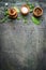 Table set spices, salt and pepper mills on Rustic background , top view