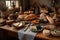 table setting with assortment of artisan breads, knives, and spreads