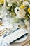 A table setting with blue and white plates and silverware, blue and white table setting.