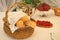 Table setting with bread basket and wine bottles