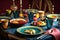 Table setting with colourful Ramadan halal food. Generative AI