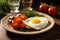Table setting features a classic fried egg breakfast presentation