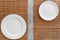 Table setting for sushi roll. Empty plate on mat on grey table top view mockup copyspace