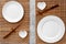 Table setting for sushi roll. Empty plate on mat near chopstick on grey table top view mockup