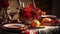 Table setting for thanksgiving holiday with meticulous photorealistic, light brown and red