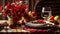 Table setting for thanksgiving holiday with meticulous photorealistic, light brown and red