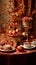 Table setting for thanksgiving holiday with meticulous photorealistic, light brown and red