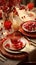 Table setting for thanksgiving holiday with meticulous photorealistic, light brown and red