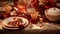 Table setting for thanksgiving holiday with meticulous photorealistic, light brown and red