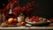 Table setting for thanksgiving holiday with meticulous photorealistic, light brown and red