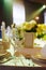 table with sign for number or names of guests in banquet hall of restaurant.