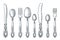 Table silver vintage cutlery. Vector hand drawn sketch illustration. Silverware spoon, knife, fork. Kitchen tableware