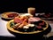 Table with Spanish and Italian cold cuts, different cheeses, bread. Generative Ai