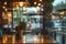 A table supporting a potted plant placed beside a window, creating a simple yet refreshing indoor arrangement, A cafe view on a