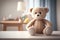Table with teddy bear in blurred baby room for product placement. Generative ai