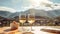 table on a terace with two glasses of wine, sunshine, summervibes, mountains in the background, neural network generated