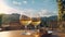 table on a terace with two glasses of wine, sunshine, summervibes, mountains in the background, neural network generated