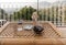 Table on the terrace overlooking the Bay of Naples and Vesuvius. Sorrento. Italy