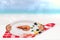 Table top on seafood background. A Fresh grilled big prawn tiger or shrimps on a white table in front of abstract blurred tropical