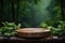 Table top wood counter floor podium in nature outdoors . Blurred green plant background. Natural product present