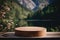 Table top wood counter floor podium in nature outdoors . Blurred green plant background. Natural product present