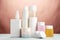 A table topped with bottles of different types of skin care products. AI generative image.