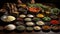 A table topped with bowls filled with different types of spices. AI.