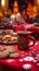 A table topped with cookies and a cup of coffee. AI generative image. German Christmas still life.