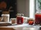 A table topped with jars of jam next to a bowl of strawberries. Generative AI image.