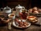 A table topped with a plate of food and a cup of tea. AI generative image . English Breakfast.