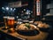 A table topped with plates of food and glasses of beer. AI generative image . Japanese street food.