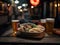 A table topped with plates of food and glasses of beer. AI generative image . Japanese street food.