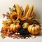 A table topped with pumpkins, corn and sunflowers, autumn clip art.