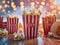 Table Topped With Red and White Popcorn Buckets