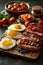 A table topped with a variety of foods including eggs, bacon and tomatoes, AI