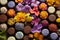 Table with various chocolate candy over floral design. Generative AI