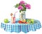 On the table is a vase of flowers, a plate of fruit and juice in