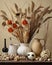 a table with a vase with flowers and shells
